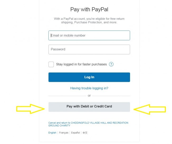 Paypal page for credit cards and paypal payments